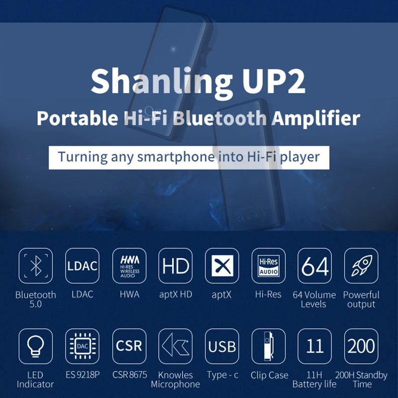 Портативный Bluetooth 5 0 усилитель SHANLING UP2 ES9218P USB DAC Knowles микрофон LDAC/aptX HD/SBC/AAC HWA 96 кГц/24