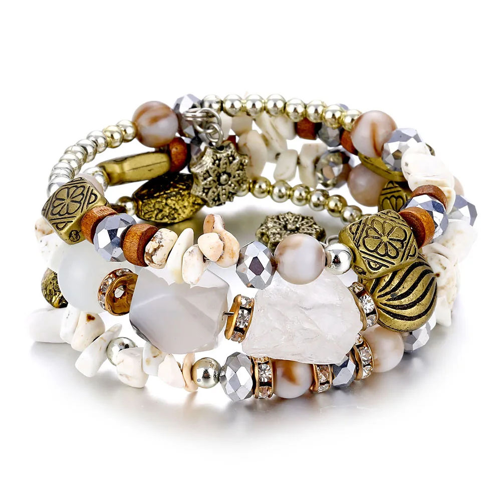 Женский многослойный браслет с бусинами и кристаллами в этническом стиле |