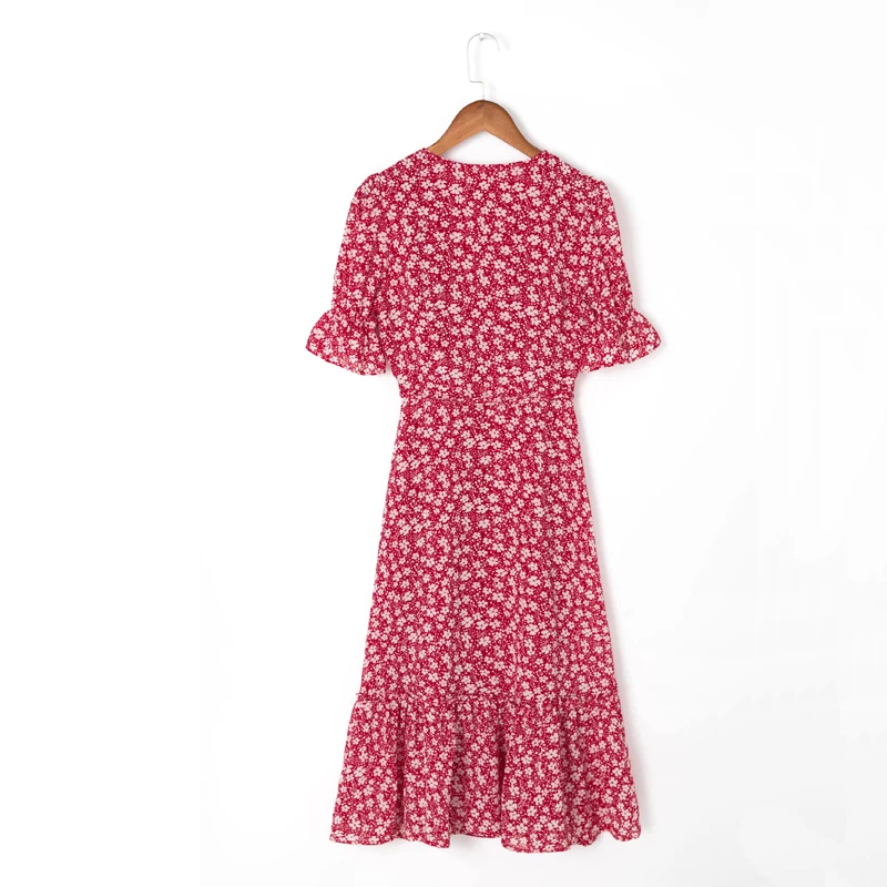 

Summer women's casual floral print V-neck short-sleeved slim dress