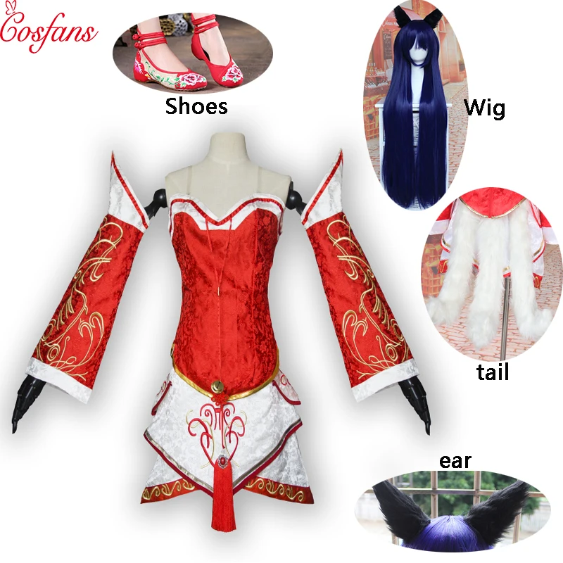 Костюмы для косплея LOL Ари девочек красное платье с девять хвостов лисы Женские