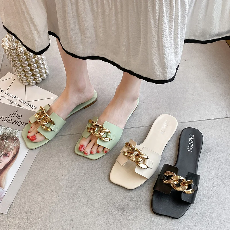 

Shoes Women Slippers Flat Shale Female Beach Low Square Toe Slides Pantofle Rivet Fashion Soft Sabot 2021 Luxury Rome Rubber Fa