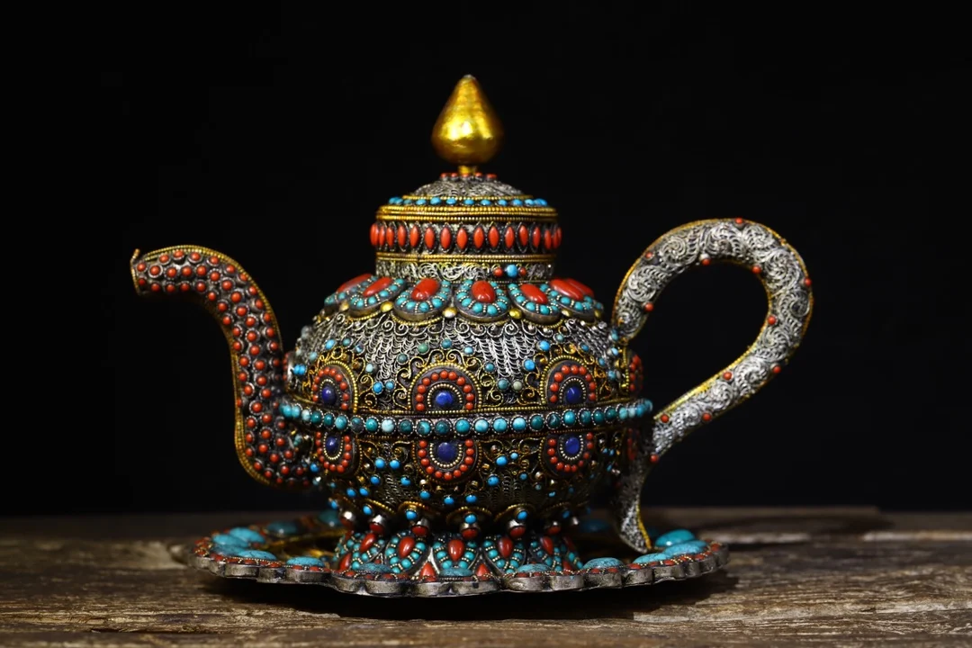 

Home Decor 11"Tibet temple Old Tibetan silver Gilt Filigree mosaic Gem flagon kettle Handle pot tray set
