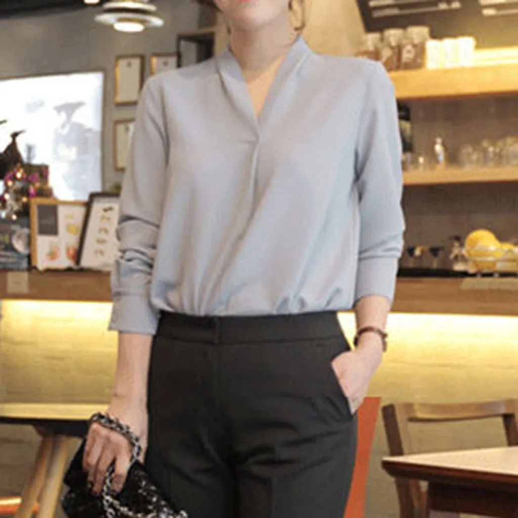 Женская офисная блузка с длинным рукавом и V образным вырезом|Блузки| |