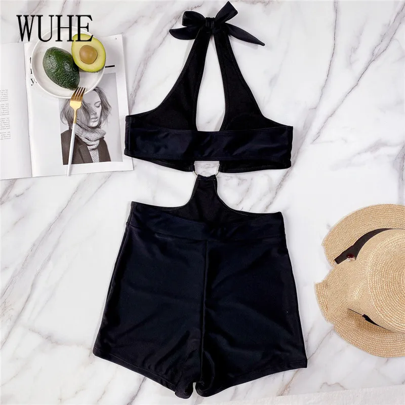 

WUHE Bikini Swimwear Thong Bodysuit Big Metal Ring Colorful Print Halter Off Shoulder Backless Bandage Casual Beach Swimsuit