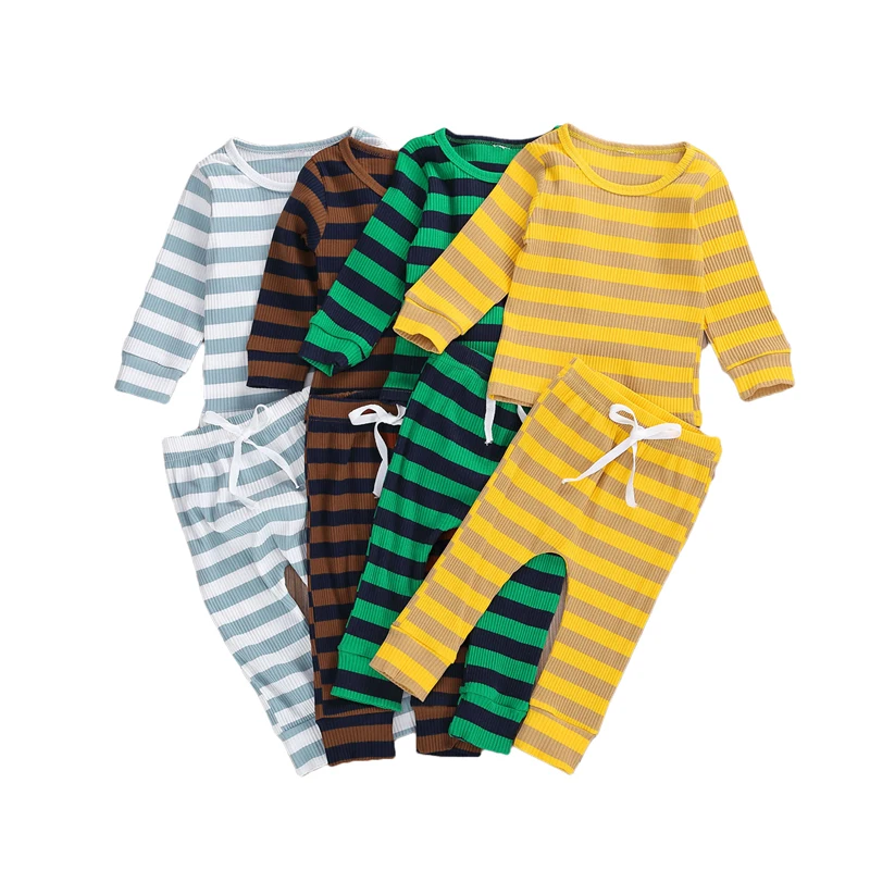 Пижамный комплект для малышей трикотажный топ в рубчик с длинным рукавом и брюки
