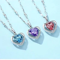 trendy simple women necklace romance silver color heart shaped blue crystal eternal heart pendants charm women lover gifts