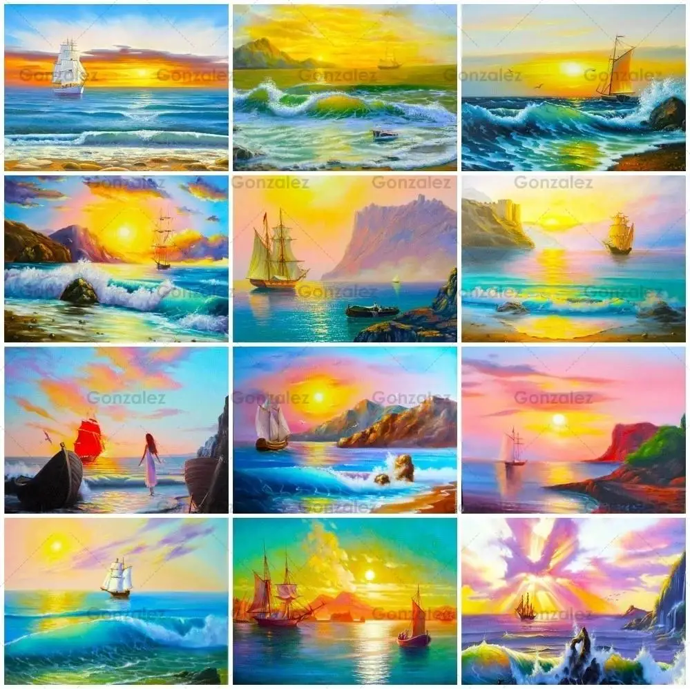 

Sailing Painting 5D Diy Diamond Sunrise Sunset Embroidery Full Drill Mosaic Cross Stitch Art Kit Handmade Gifts Home Decoration