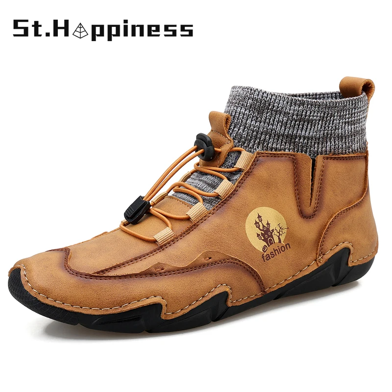 

2021 New Men Boots Fashion Leather Ankle Boots Outdoor Waterproof Short Boots Luxury Classic Slip On Motorcycle Boots Big Size