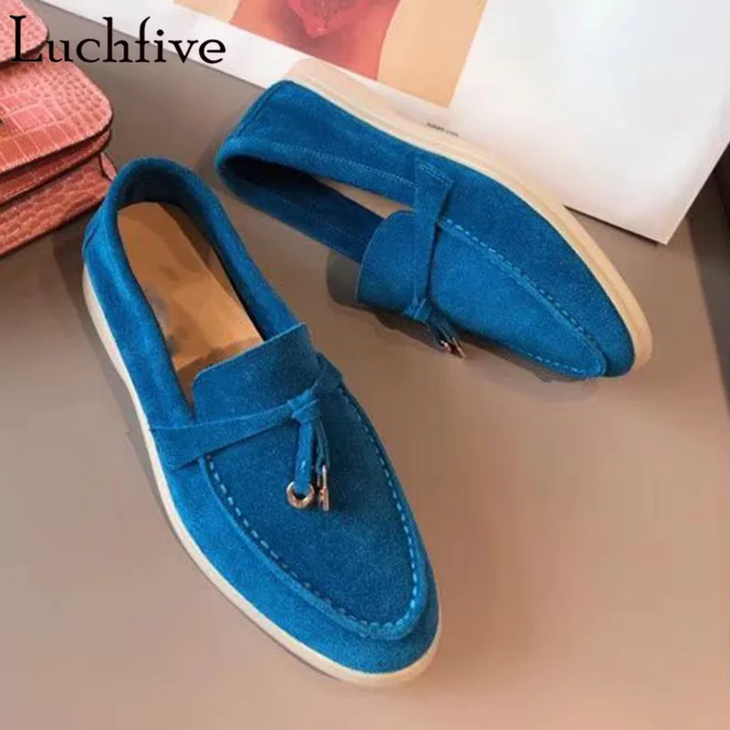 royal blue Новинка; женские замшевые туфли с кисточками; модные туфли телесного цвета на плоской подошве; женские лоферы без застежки с круглым носком; сезон Ранняя весна; Zapatos De Mujer - Цвет: royal blue