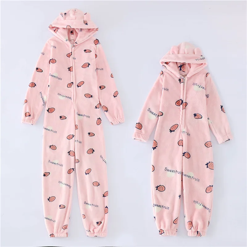 

Autumn And Winter Women's Cross-border Plush Thickened Plush One-piece Pants Hooded Pajamas Parent-child Home Clothes