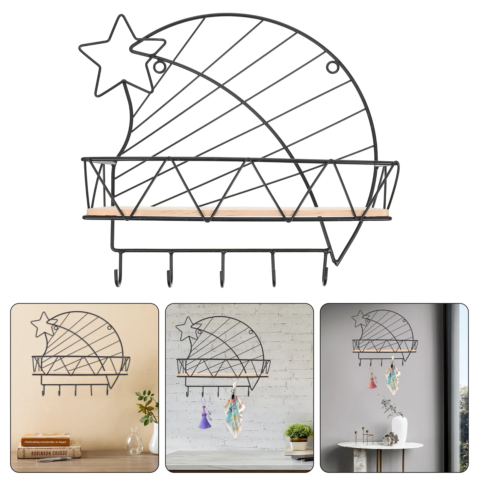 

1Pc Creative Wall Pendant with Hook Multi-function Iron Storage Shelf Black