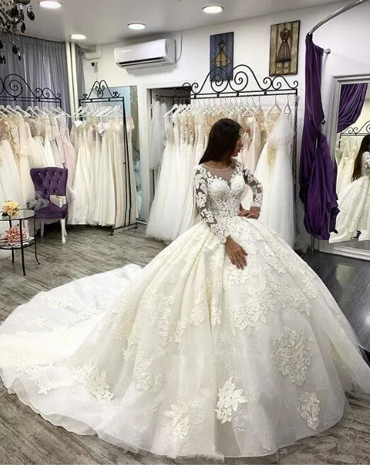 

Luxury Lace Ball Gown Wedding Dresses Sheer long sleeves Princess lace Applique Bridal Gowns plus size robe de marage