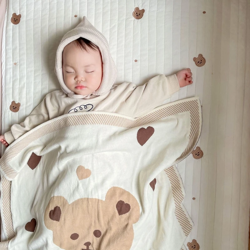 

Baby Swaddle Wrapped Knitted Cotton Blanket Fashion Bear Print Baby Footmuff Sleeping Bag Bedding Quilt A2UB