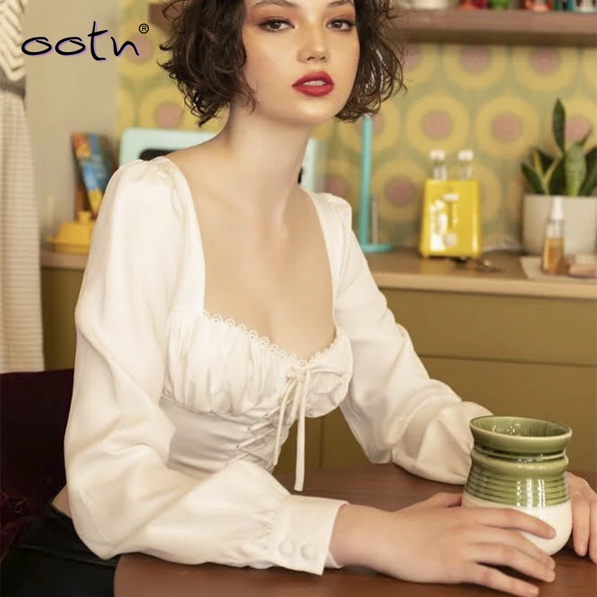 Женская блузка с длинным рукавом OOTN элегантная белая кружевная плиссированная
