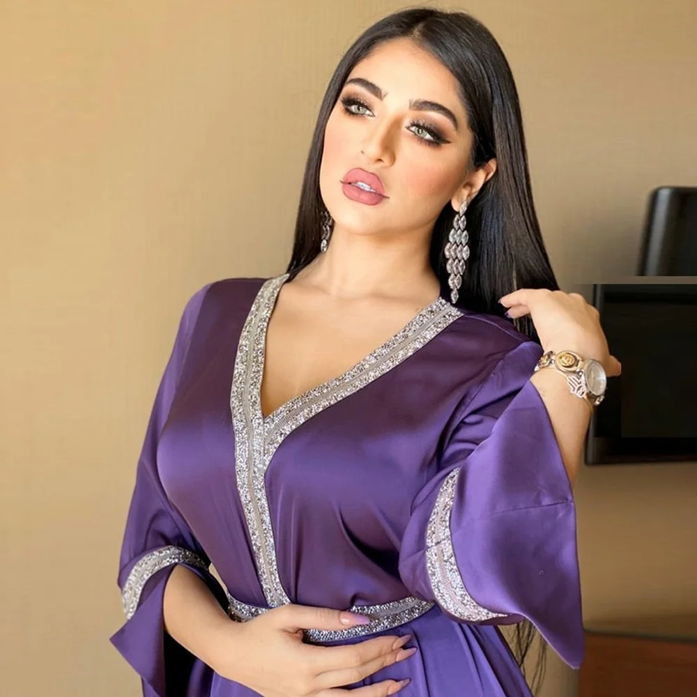 

Satin Maxi Dress For Women Muslim Turkey Arabic Diamond V Neck Long Sleeve Robe Islamic Ethnic Moroccan Clothing Jalabiya 2021