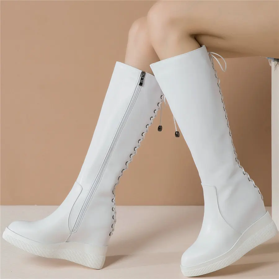 

Thigh High Sneakers Women Genuine Leather High Heel Knee High Military Boots Female Back Lace Up Round Toe Platform Pumps Shoes