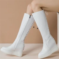 thigh high sneakers women genuine leather high heel knee high military boots female back lace up round toe platform pumps shoes