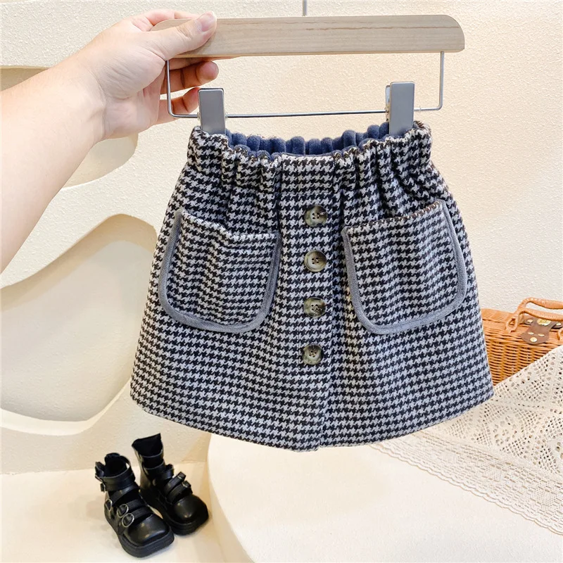 

Girls Plus Velvet Plaid Skirt 2021 Autumn and Winter Korean Style A-line Skirt Baby Girl Woolen Skirts Korean Baby Girl Clothes