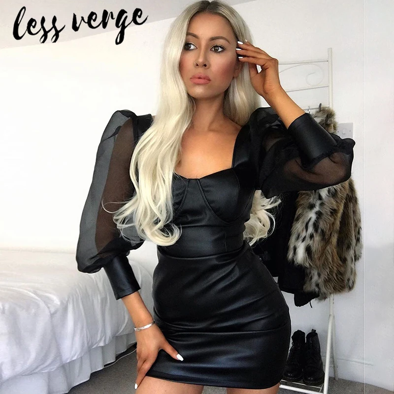 Lessverge/черное платье из искусственной кожи с сетчатой вставкой женское пышными