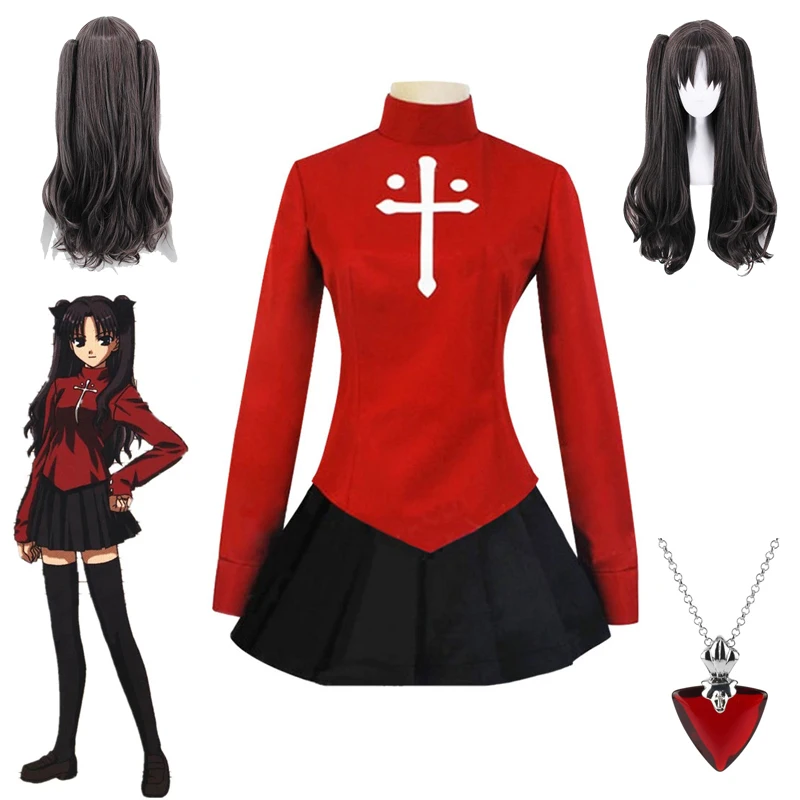 

Fate Stay Night Rin Tohsaka Costume for Women Red T-shirt Skirt Halloween Party Outfit