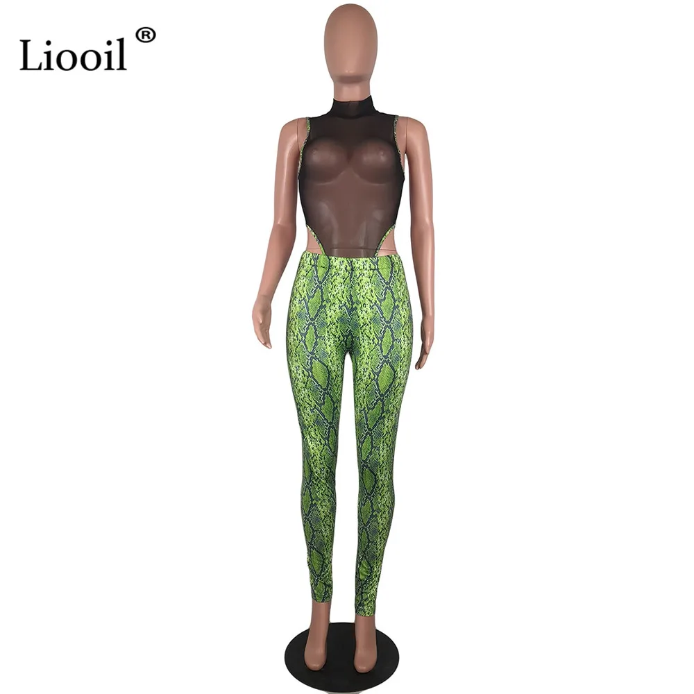 Liooil/комплект из 2 предметов; облегающий комплект для женщин; Клубная одежда; сетчатые прозрачные чарующие Боди и длинные штаны со змеиным принтом; вечерние комплекты