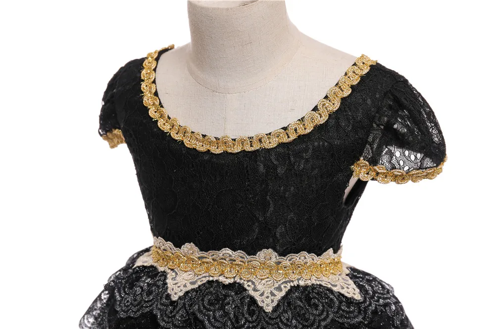 Free Shipping Full Lenght Children Party Dress 2021 New Arrival Black Girl Dresses Pageant Lace Applique Gold Kids Evening Gowns |