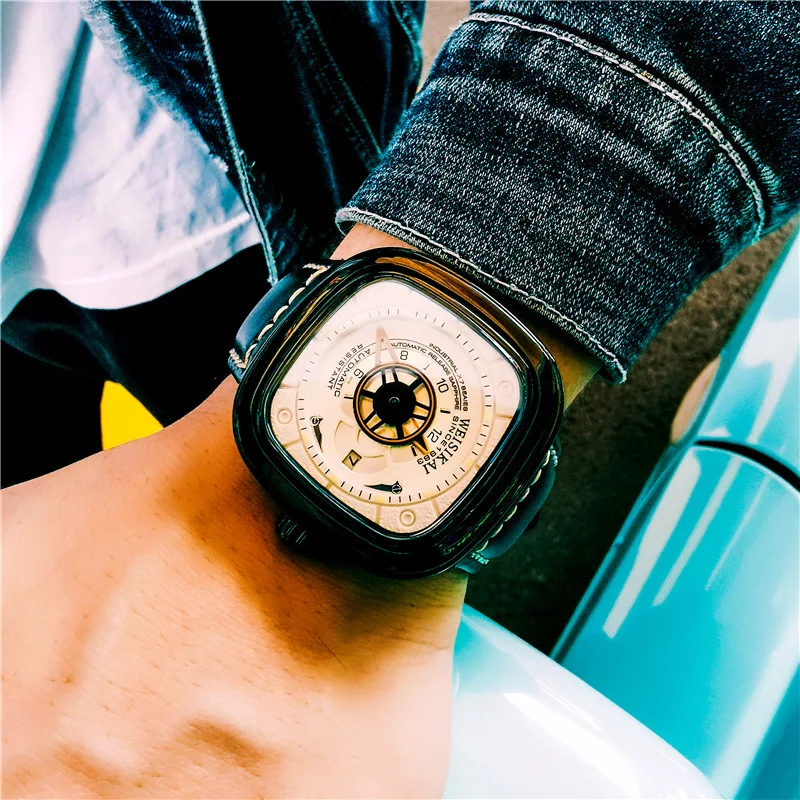 

WEISIKAI Top Brand Men Watch Mechanical Watch Hollowing Out Fashion Square Business Waterproof Automatic Leather Clock 7 Friday