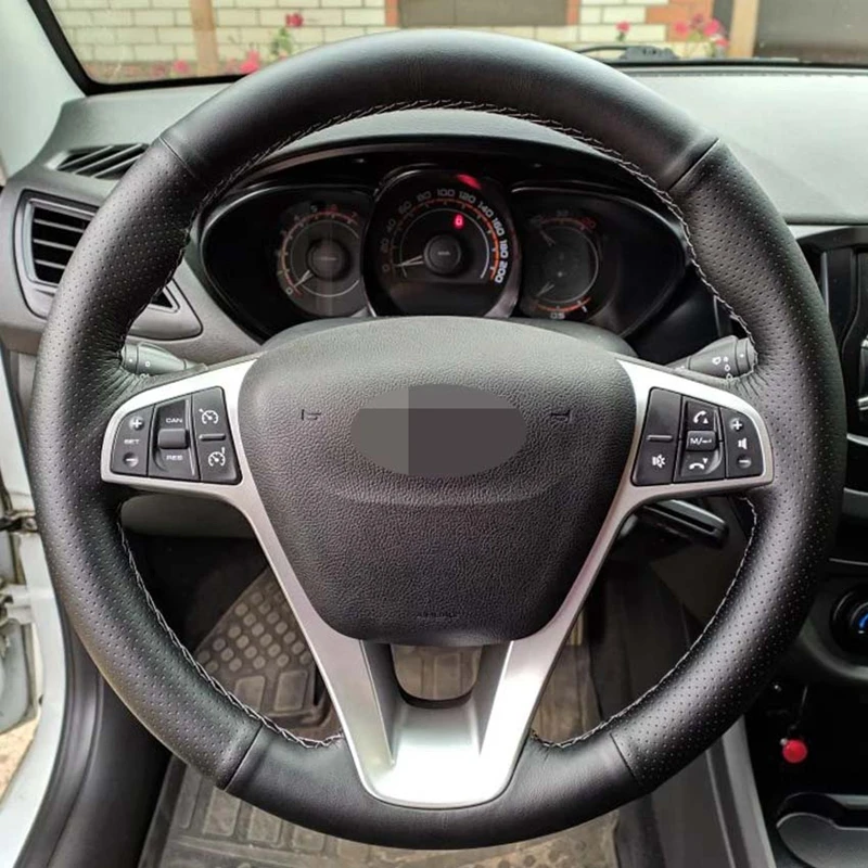 

Hand-Stitched Black Genuine Leather Car Steering Wheel Cover For Lada Vesta 2015 2016 2017 2018 2019 Xray 2015-2019 2020