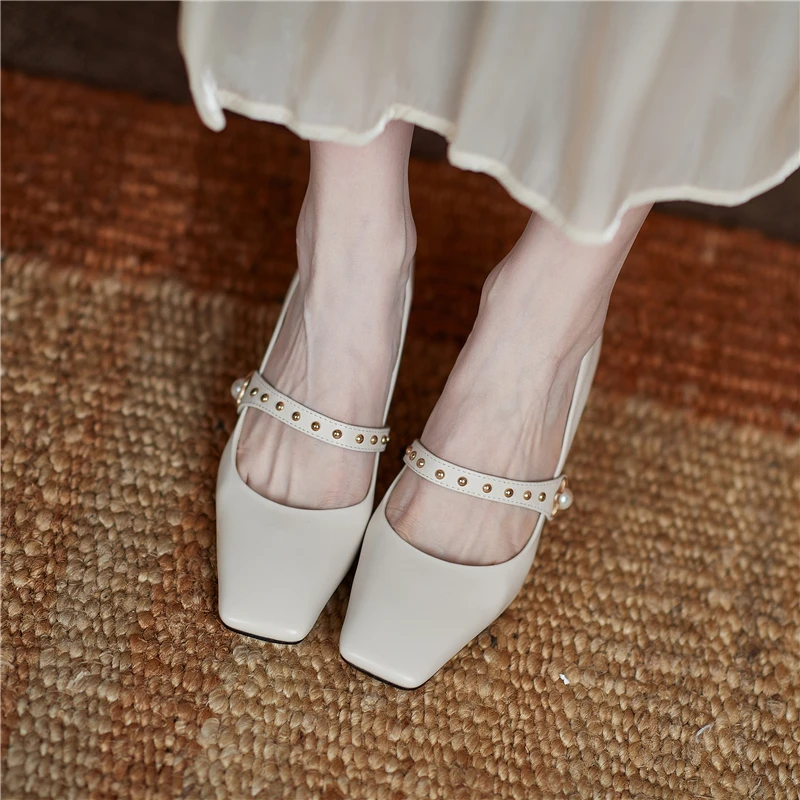 

COVIBESCO Party Office 2021 Spring Mary Janes Women Pumps Genuine Leather High Heels Shoes Woman Elegant Concise Pearl Pumps New