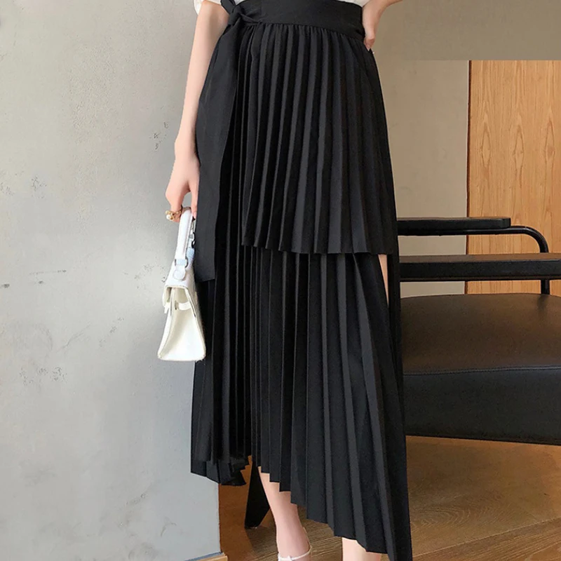 

Spring 2021 Irregular Sashes Mid Calf Women Pleated Skirt Khaki Pleated Skirt Vintage High Waist Casual Skirts Female Faldas New