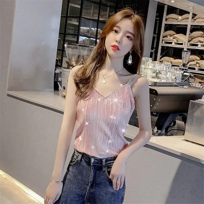 

Women's Sling tops Pure color V-neck sweet ladies tops sexy camisole top inner outer vest all-match female bottoming shirts 2021