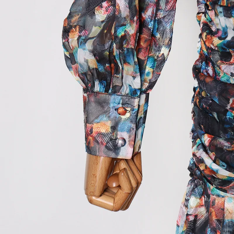 

Women Ruffles Dress Summer Bow Collar Floral Print Lantern Sleeve High Waist Tunic Ruched Dress