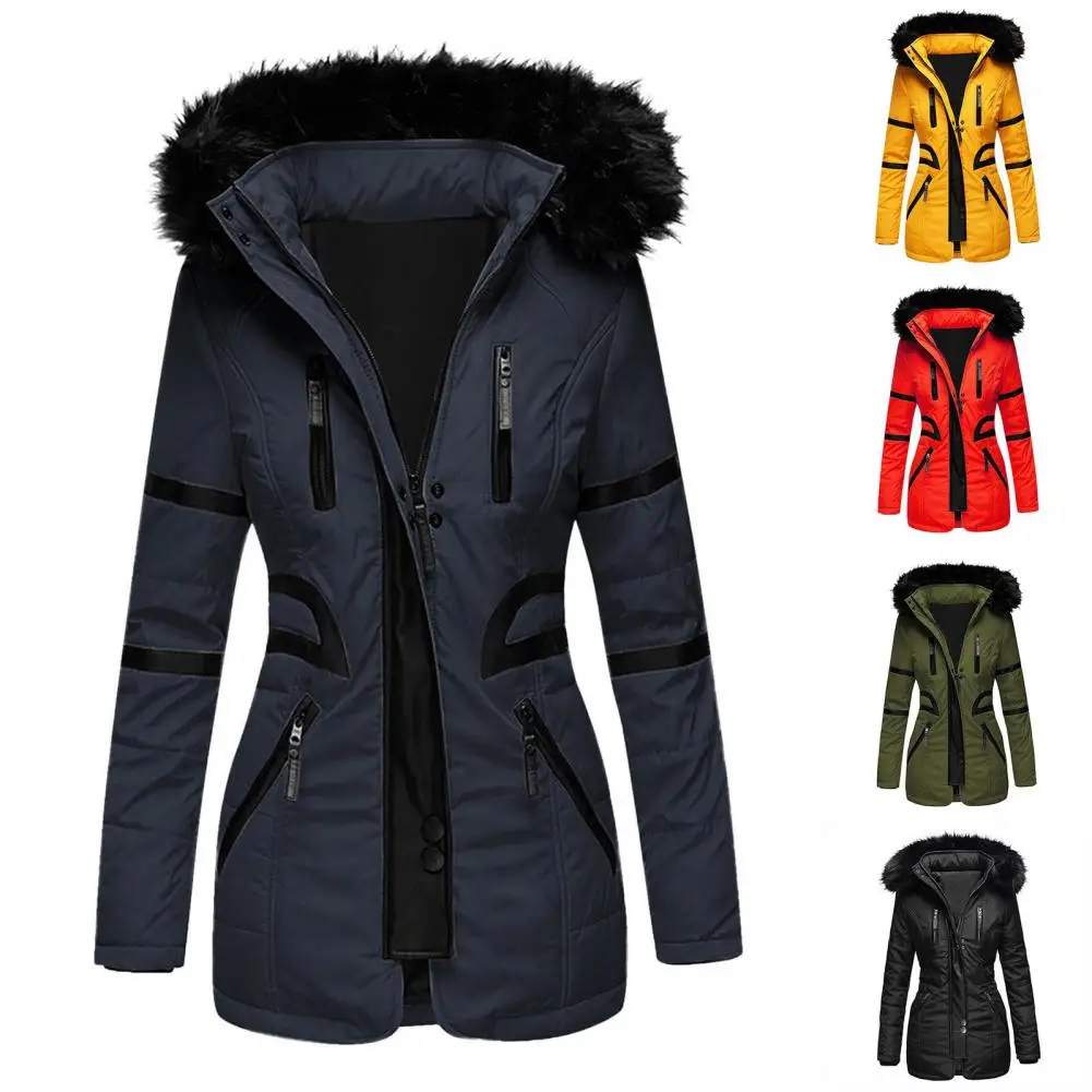 Stylish Women Coat Solid Color Waist Tight Plush Hooded Elastic Cuff Winter Jacket  Winter Coat    Women Coat