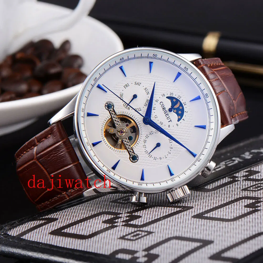 

43mm corgeut white dial blue mark date moon phase automatic men's watch luminous watch leather strap