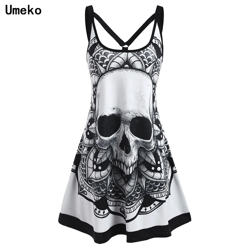 Umeko Summer Goth Plus Size Skull Print Women Sleeveless Mini Dress Y2K Ladies Casual Dresses for Tver Dark Academia Alt Clothes