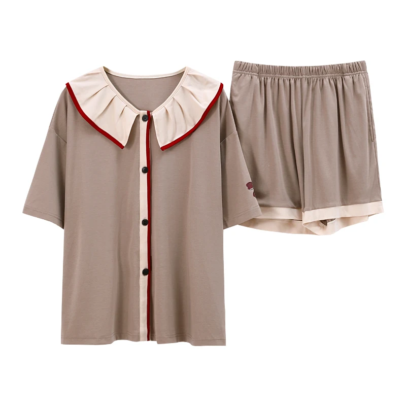 

Sweet Ruffle Sleepwear Casual Loose Buttons Short Sleeve Sleepwear Suits Summer Fashion Milk Tea Color Women Cotton Pajamas Sets