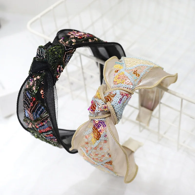 Ободок для волос женский кружевной широкая лента с блестками аксессуар на голову