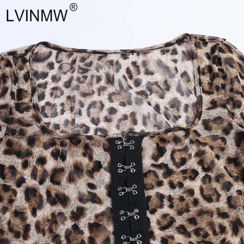 LVINMW сексуальное Сетчатое мини-платье с леопардовым принтом и пуговицами из