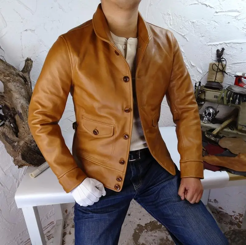 

Wax Limited Italy Oil Genuine Leather Cossack Shawl Collar Campus Cowhide Leather Jackets Man Brown Jacket Motorcycle Jacket