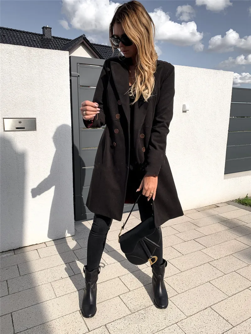 

Autumn Winter Women Long Woolden Coat Jackets Double Breasted 3XL Oversize Office Overcoats Outwear Femme Long Sleeve Black Coat