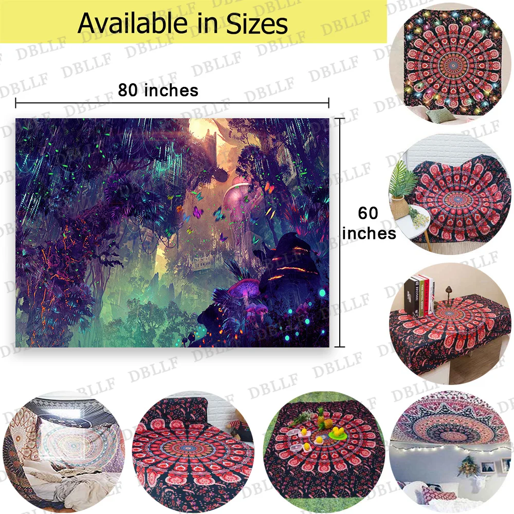 

Mushroom Forest Castle Tapestry Fairytale Trippy Colorful Butterfly Wall Hanging Tapestry for Home Dorm Fantasy Decor