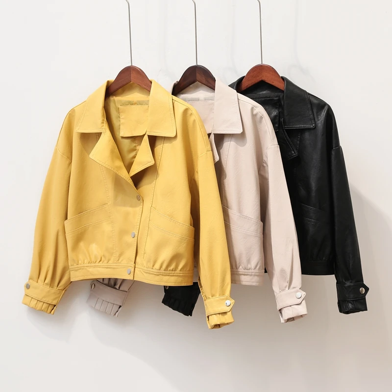 

2020 New Autumn Faux Soft Leather Loose Basic Jackets Women Turndown Collar Motorcycle PU Leather Coat Female Outwear