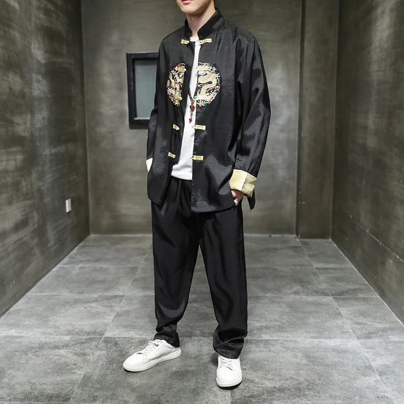 Chinese Style Men's Clothing Ice Silk Embroidery Golden Han Suit Tang Buckle Set Two-piece Traditional | Тематическая одежда и