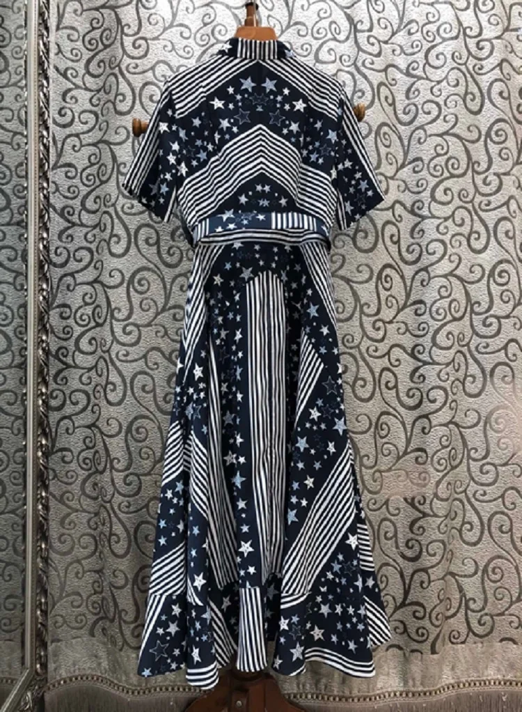 

Newest Fashion Summer Dress 2020 High Quality Women Turn-down Collar Striped Print Patchwork Short Sleeve Casual Long Shirt Dres