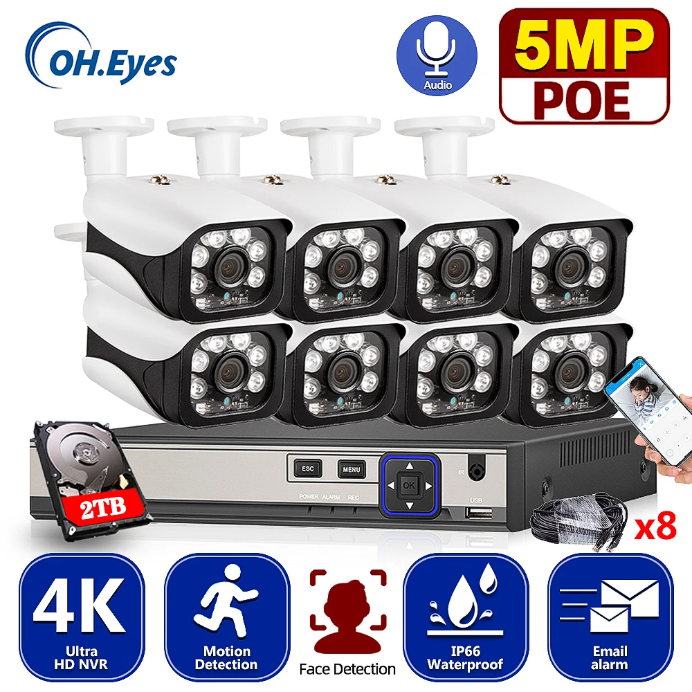 

OH.EYES 8CH 4K Ultra HD POE Network Video Security System 8MP H.265+ NVR With 8pcs 5MP Weatherproof IP Camera CCTV Security Kit