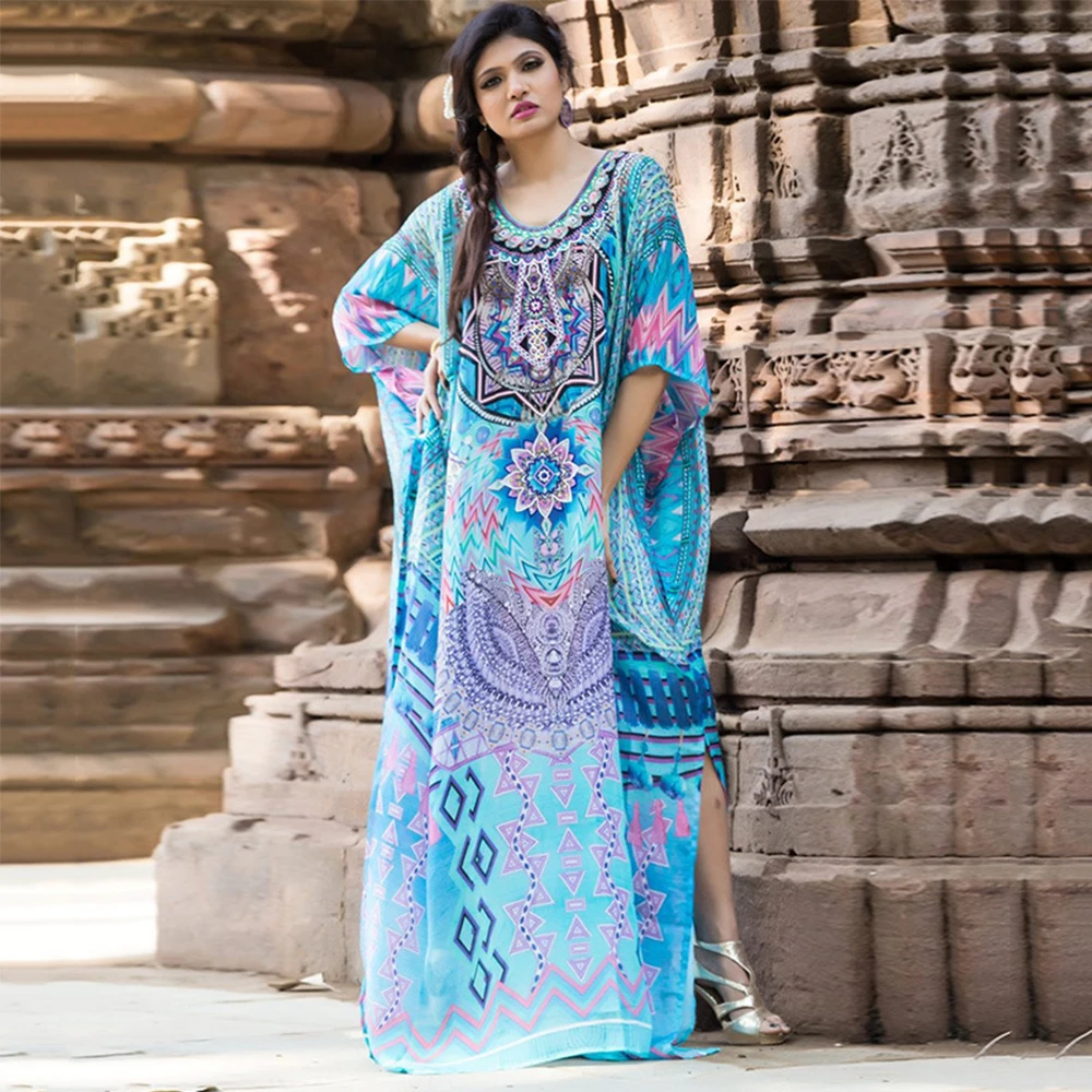 Oversize Cotton Print Beach Dress Kaftan Cover Up Pareos De Playa Mujer Beachwear Female Boho Batwing Sleeve Ethnic Maxi Robe | Женская