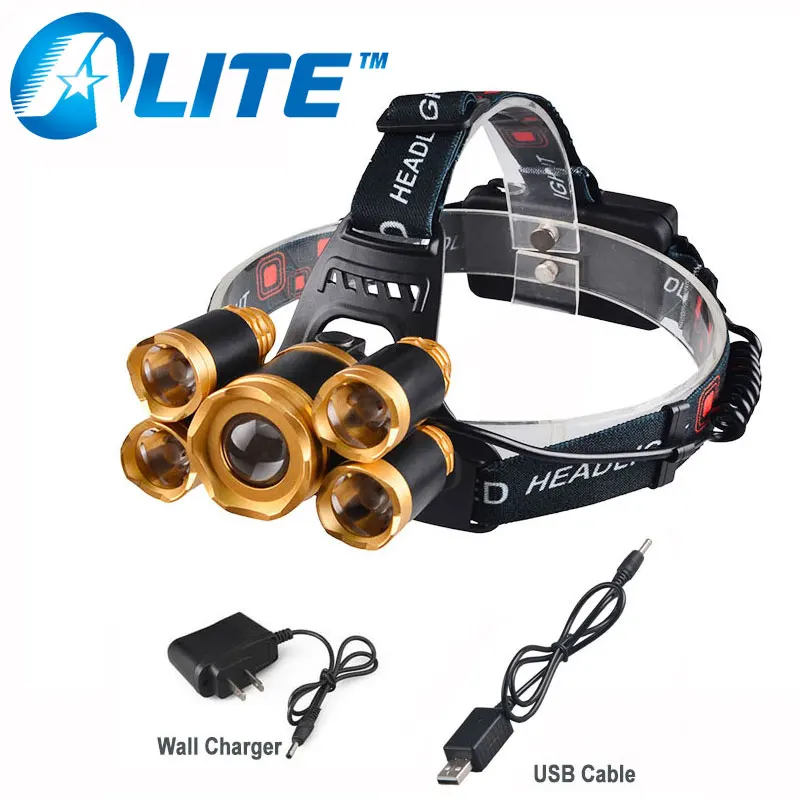 

TMWT 5 светодиодов Перезаряжаемые фары Масштабируемые T6 светодиодный налобный фонарь с usb кабель Зарядное устройство