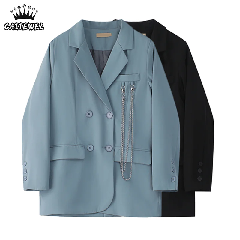 

Женский блейзер, куртки, осенняя уличная мешковатая корейская мода, шикарный дизайн цепей, офисные женские топы, пальто, повседневный Блейз...