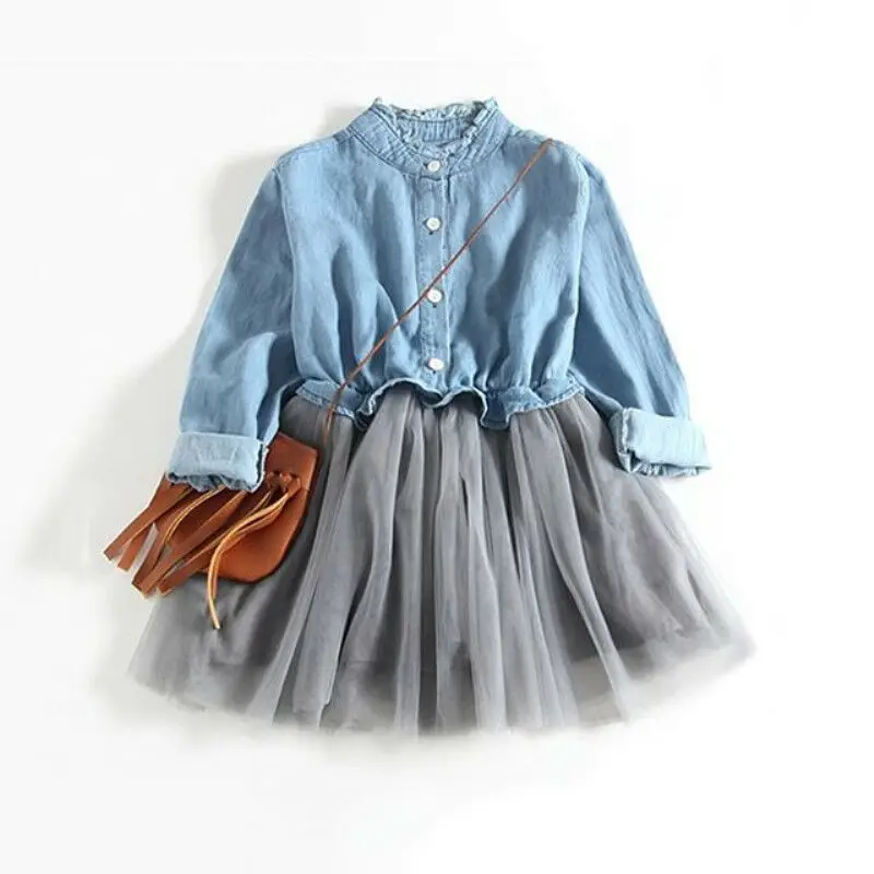 Cute Kid Baby Girl Casual Solid Long Sleeve Denim Tutu Tulle Princess Party Autumn A line Dress 1-6Y | Детская одежда и обувь