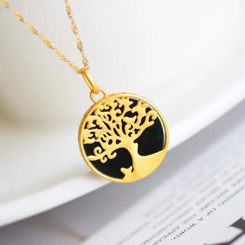 

Ancient gold craftsmanship inlaid black agate round tree necklace pendant exquisite luxury ladies silver jewelry